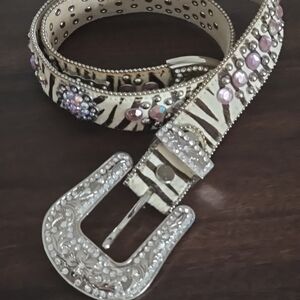 BHW Pink Rhinestone Leather Zebra Print Belt Size M